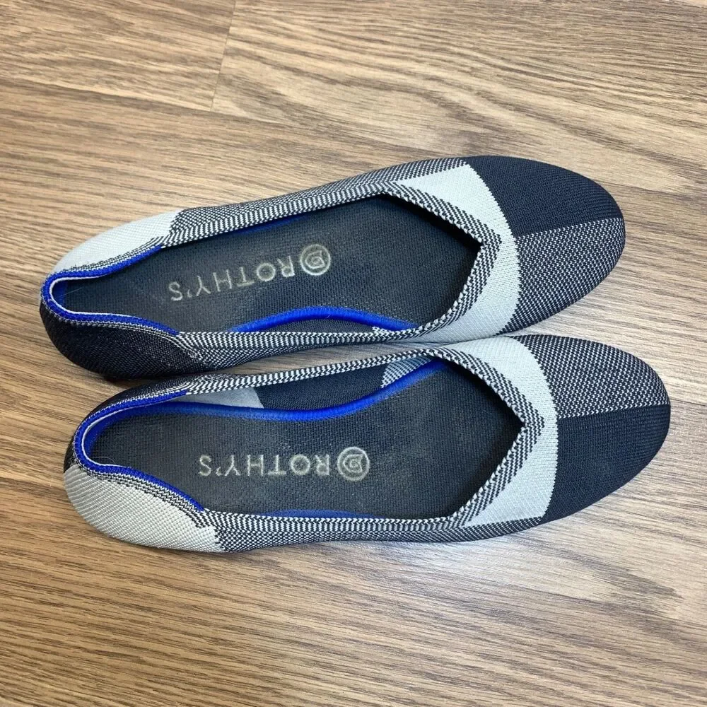 ROTHY’S The Flat Round Toe‎ Shoes Black Gray Plaid Womens Size 10 Slip On